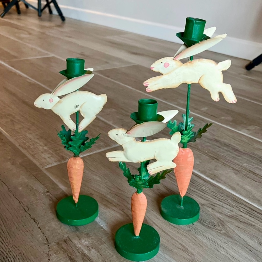 Set of 3 Silvestri hand-painted metal Easter bunny carrot taper candle holders